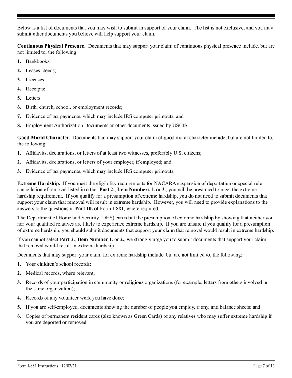 Instructions for USCIS Form I-881 Application for Suspension of Deportation or Special Rule Cancellation of Removal (Pursuant to Section 203 of Public Law 105-100, Nacara), Page 7