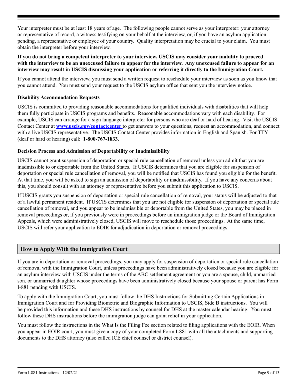 Instructions for USCIS Form I-881 Application for Suspension of Deportation or Special Rule Cancellation of Removal (Pursuant to Section 203 of Public Law 105-100, Nacara), Page 9
