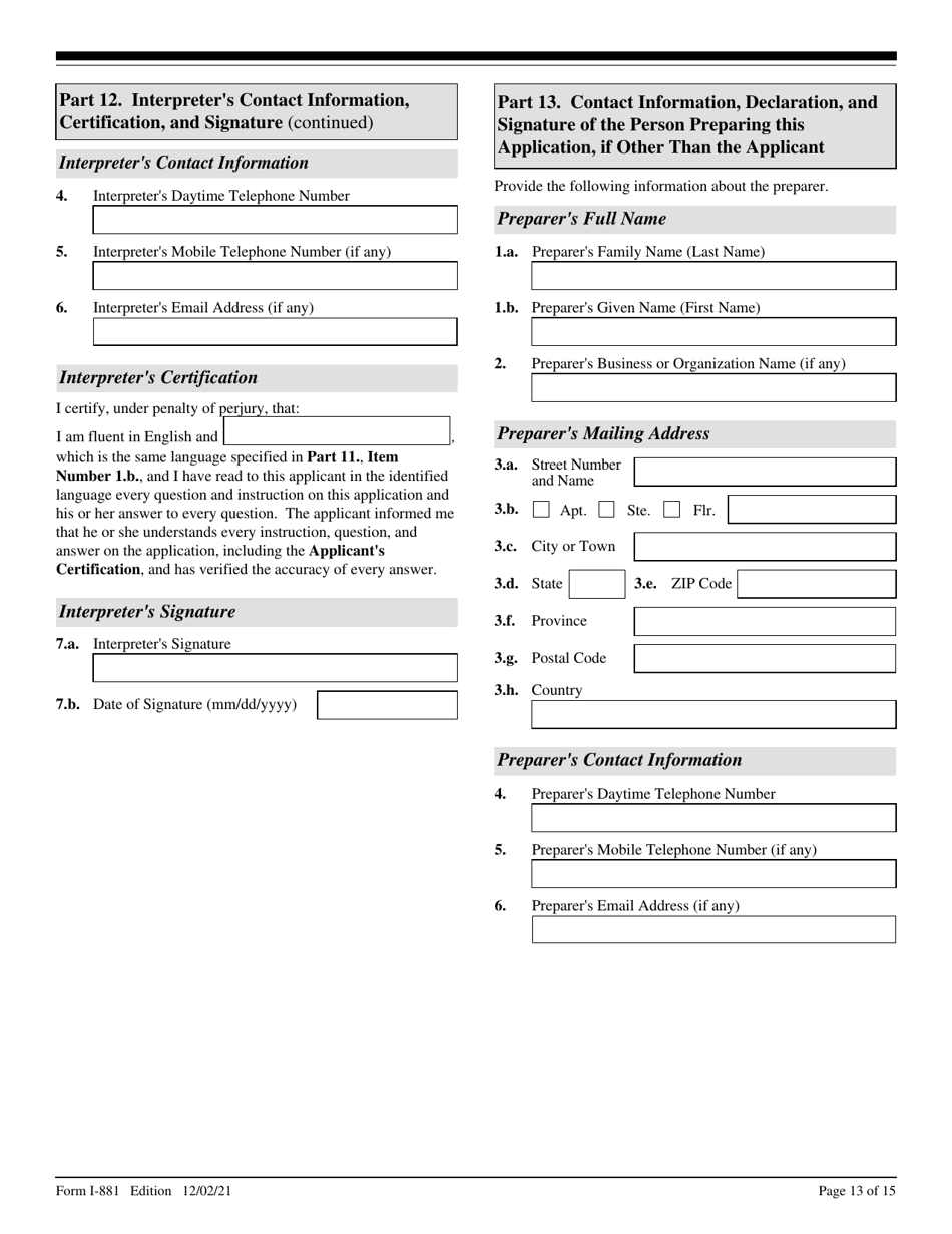USCIS Form I-881 Application for Suspension of Deportation or Special Rule Cancellation of Removal (Pursuant to Section 203 of Public Law 105-100, Nacara), Page 13
