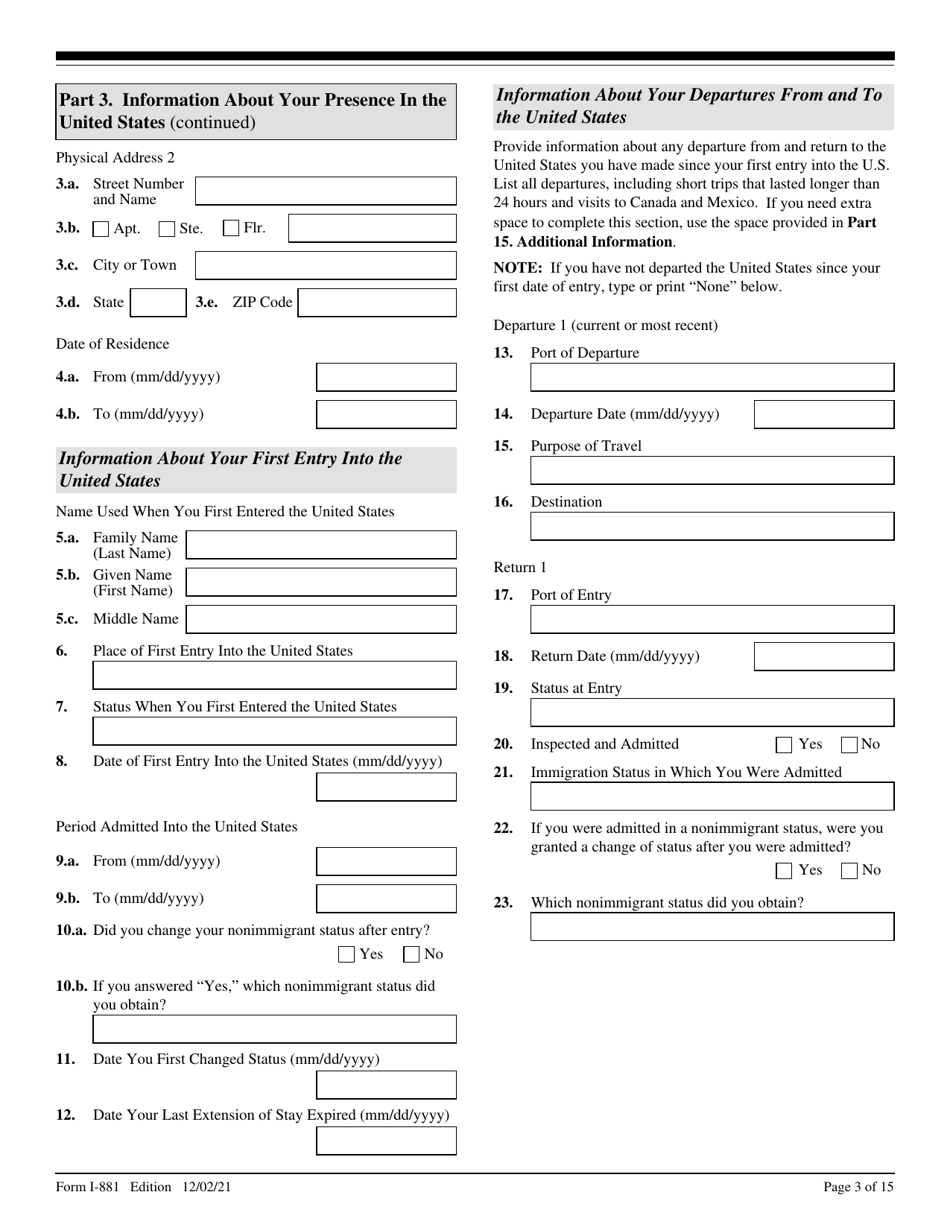 USCIS Form I-881 Application for Suspension of Deportation or Special Rule Cancellation of Removal (Pursuant to Section 203 of Public Law 105-100, Nacara), Page 3