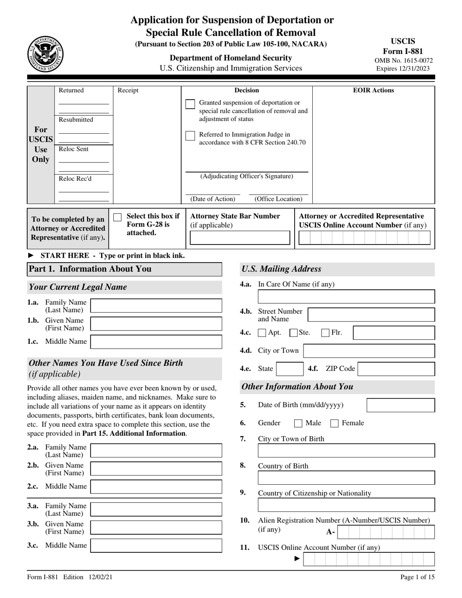 USCIS Form I-881 Download Fillable PDF or Fill Online Application for ...