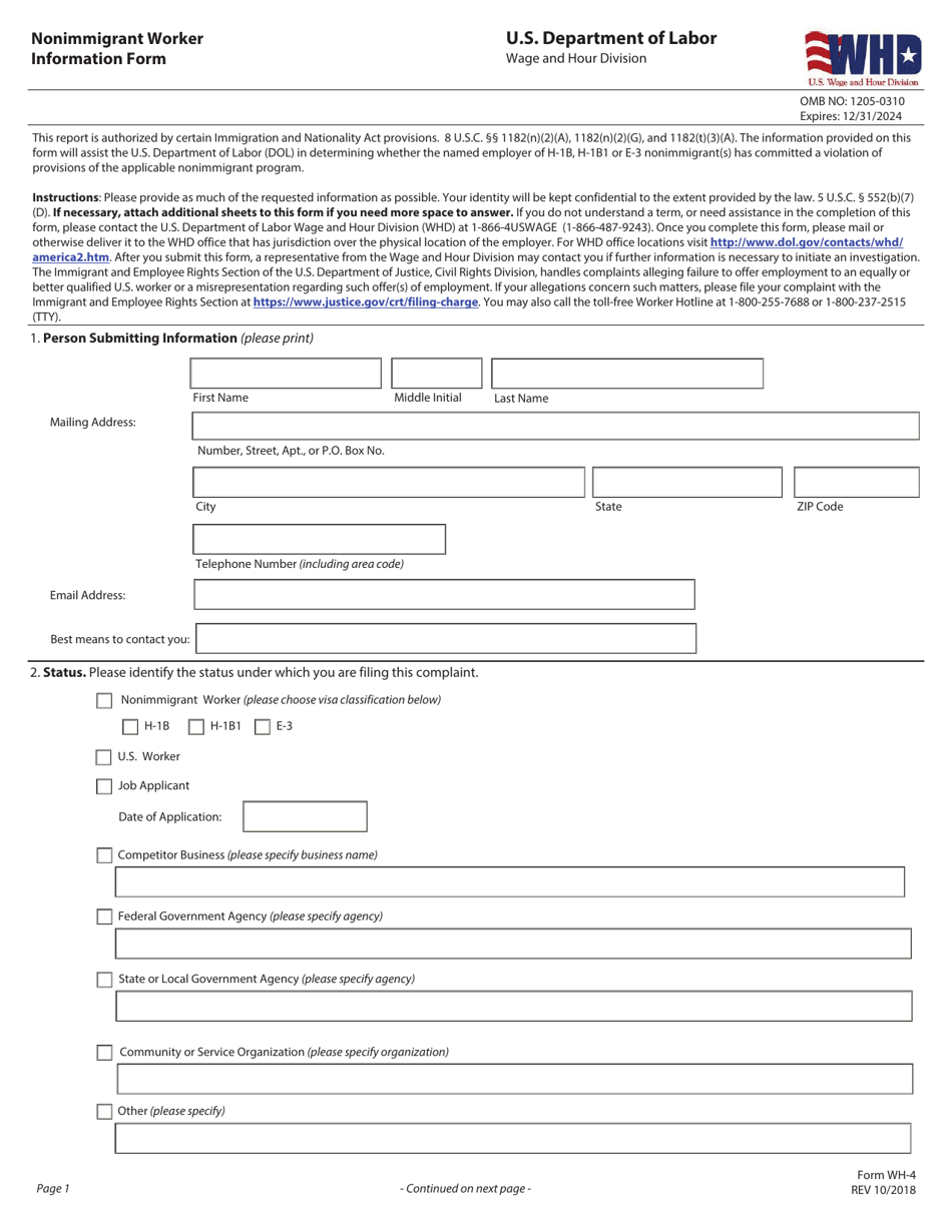 Form WH-4 Nonimmigrant Worker Information Form, Page 1