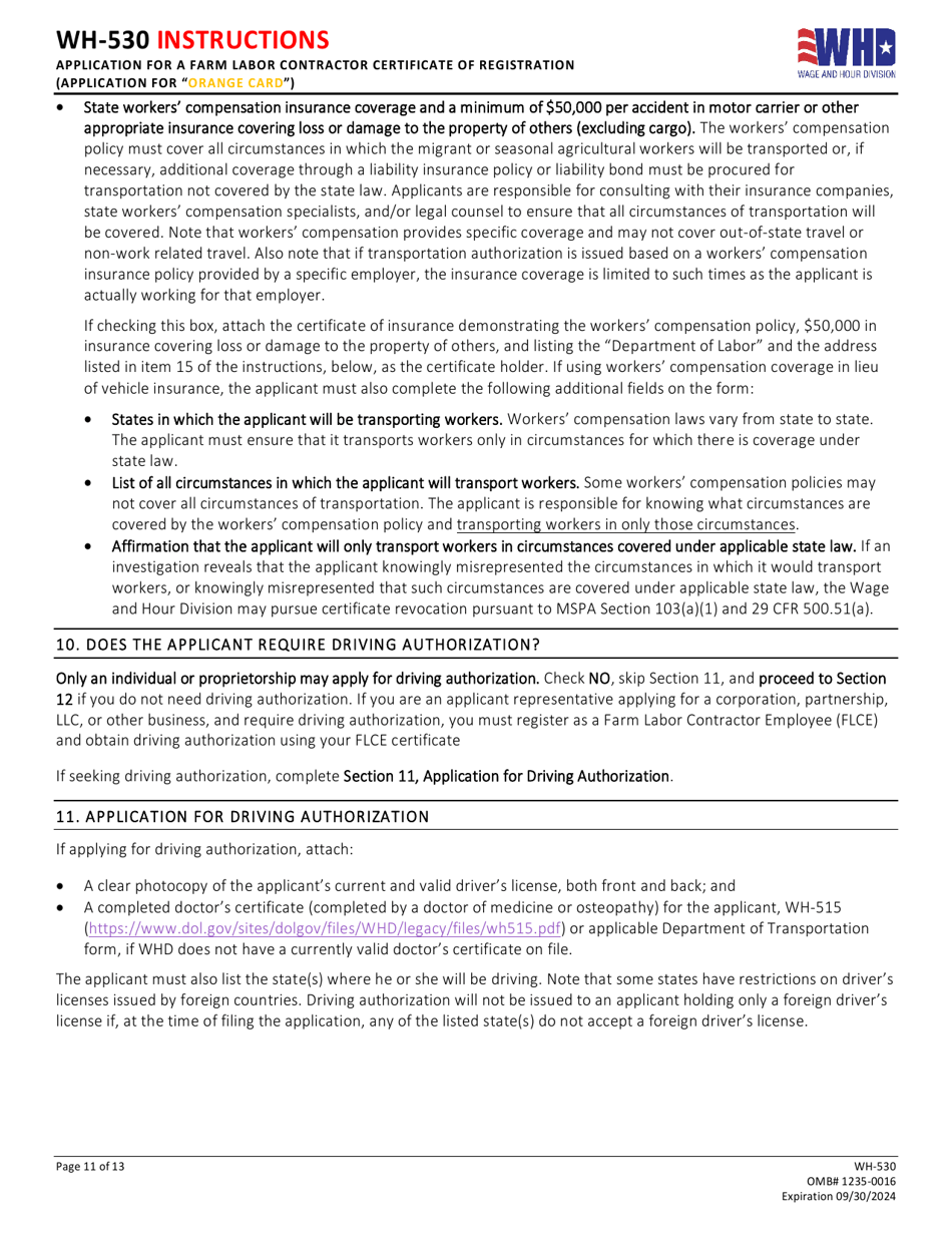 Form WH-530 Initial or Renewal Application for a Farm Labor Contractor Certificate of Registration (Application for orange Card), Page 11