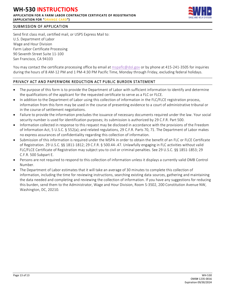 Form WH-530 Initial or Renewal Application for a Farm Labor Contractor Certificate of Registration (Application for orange Card), Page 13