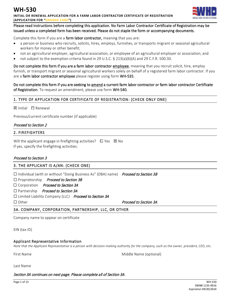 Form WH-530 Initial or Renewal Application for a Farm Labor Contractor Certificate of Registration (Application for orange Card), Page 1