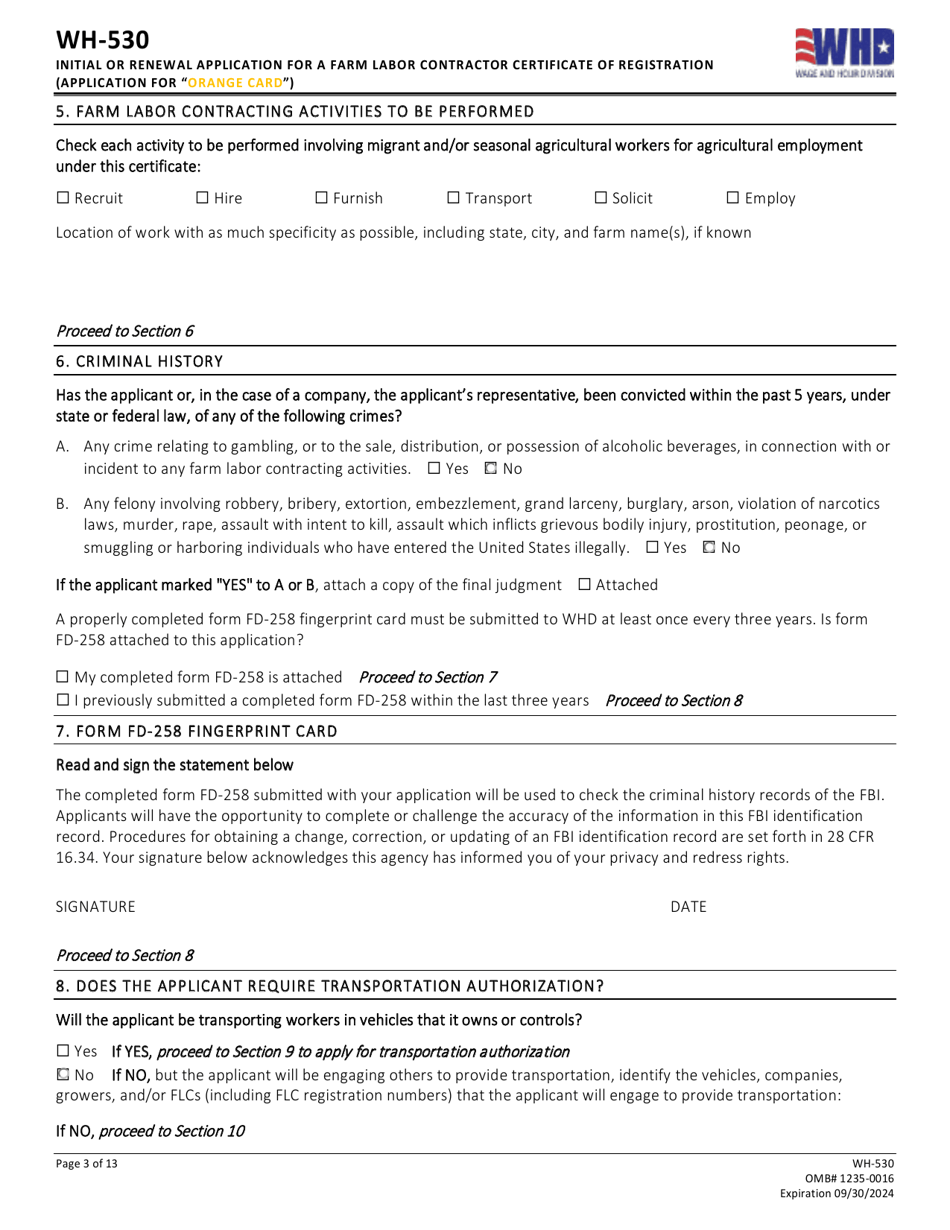 Form WH-530 Initial or Renewal Application for a Farm Labor Contractor Certificate of Registration (Application for orange Card), Page 3