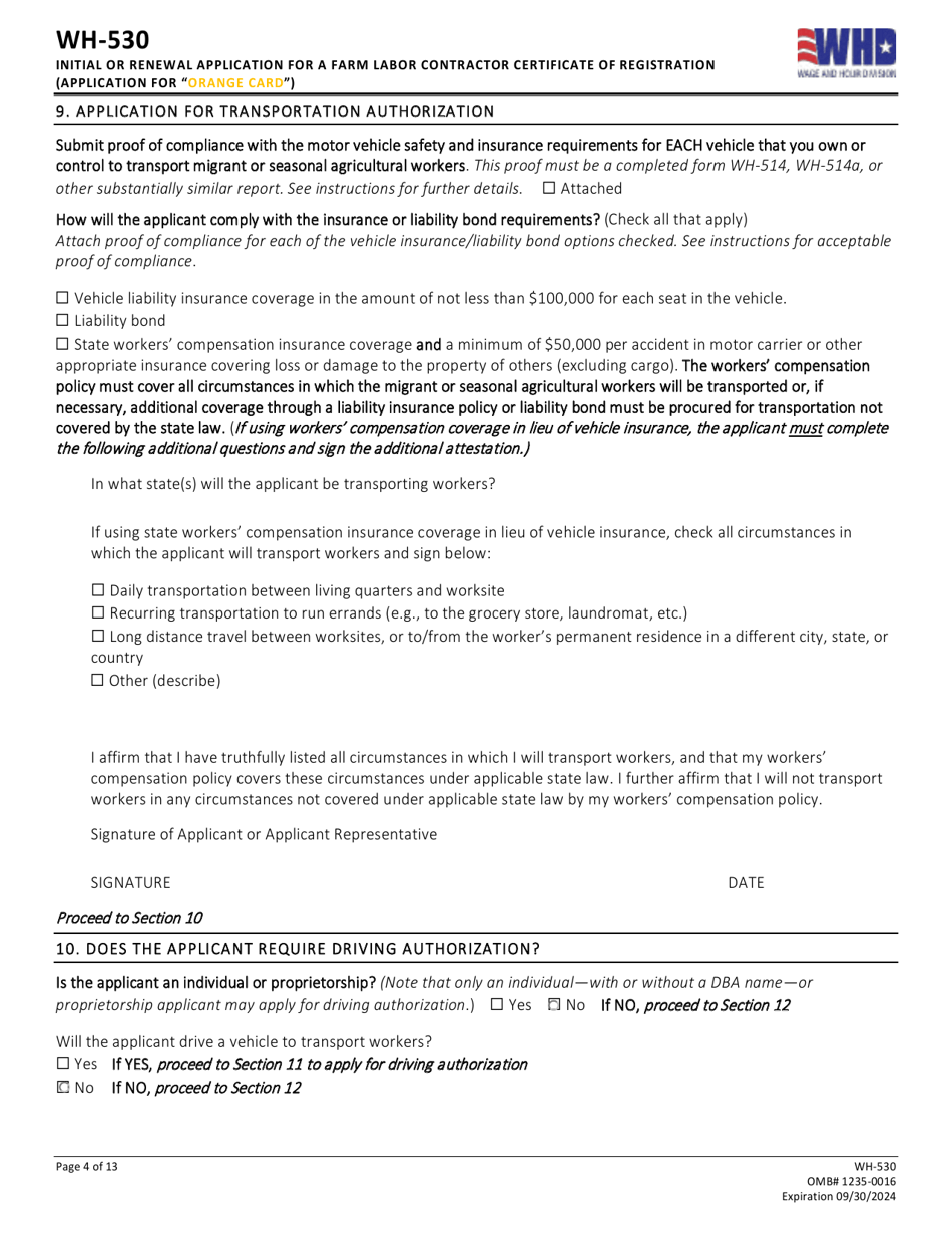 Form WH-530 Initial or Renewal Application for a Farm Labor Contractor Certificate of Registration (Application for orange Card), Page 4