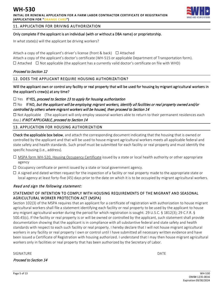 Form WH-530 Initial or Renewal Application for a Farm Labor Contractor Certificate of Registration (Application for orange Card), Page 5