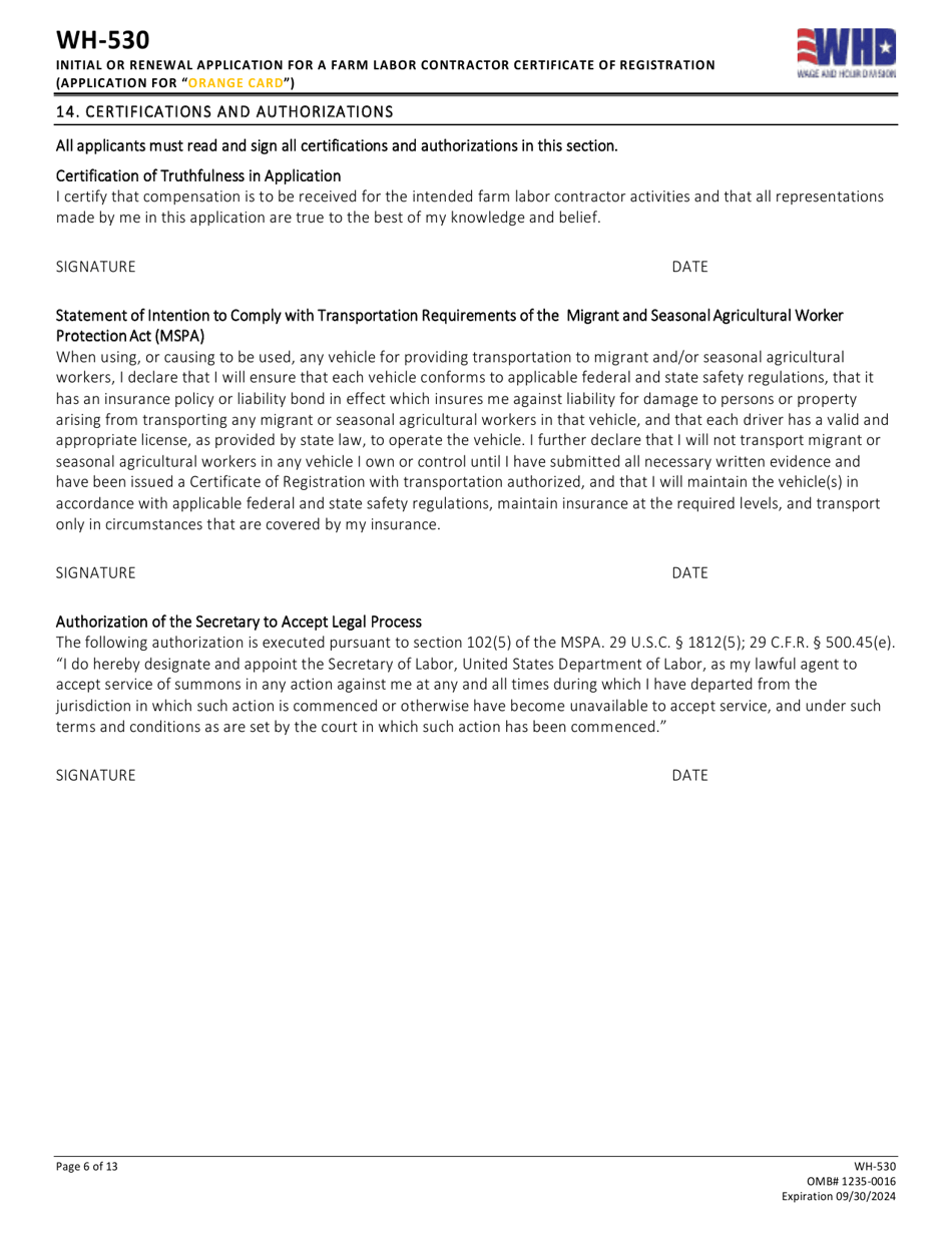 Form WH-530 Initial or Renewal Application for a Farm Labor Contractor Certificate of Registration (Application for orange Card), Page 6