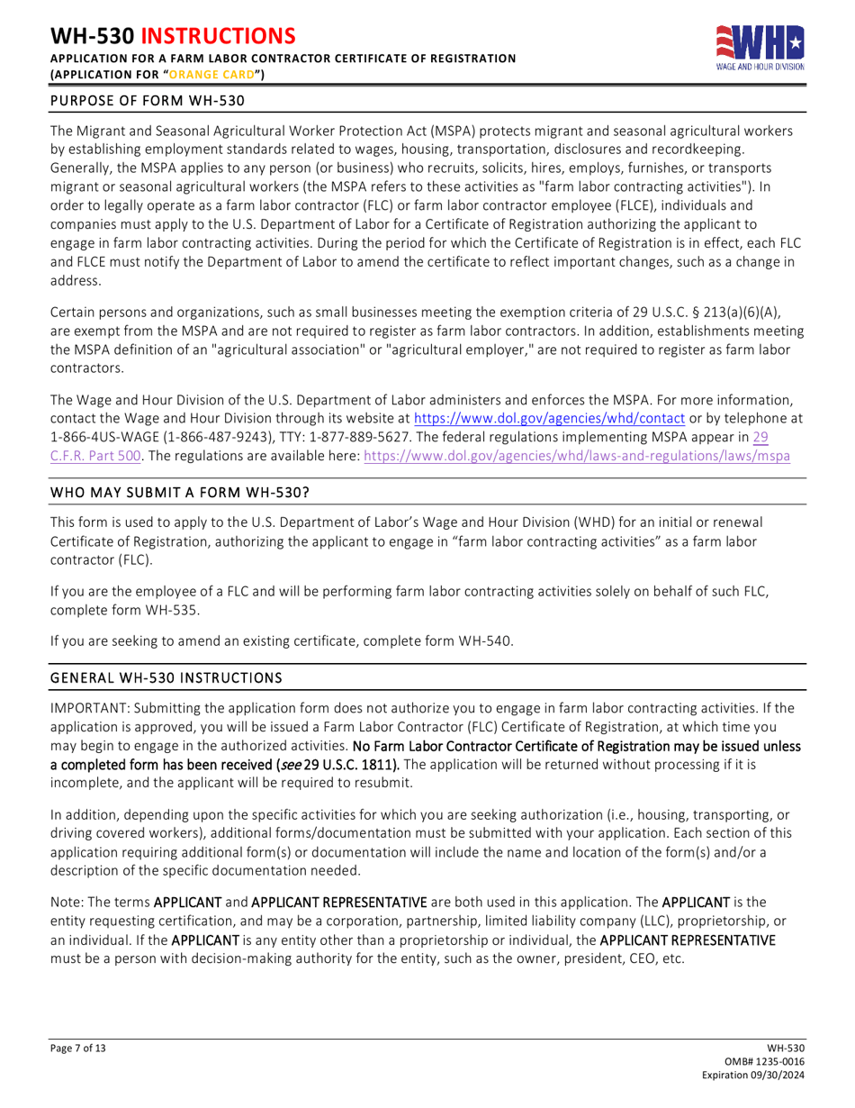 Form WH-530 Initial or Renewal Application for a Farm Labor Contractor Certificate of Registration (Application for orange Card), Page 7