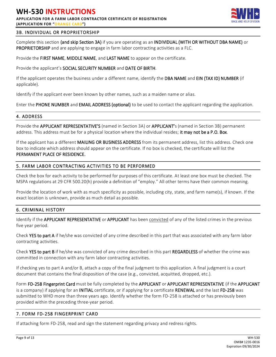 Form WH-530 Initial or Renewal Application for a Farm Labor Contractor Certificate of Registration (Application for orange Card), Page 9