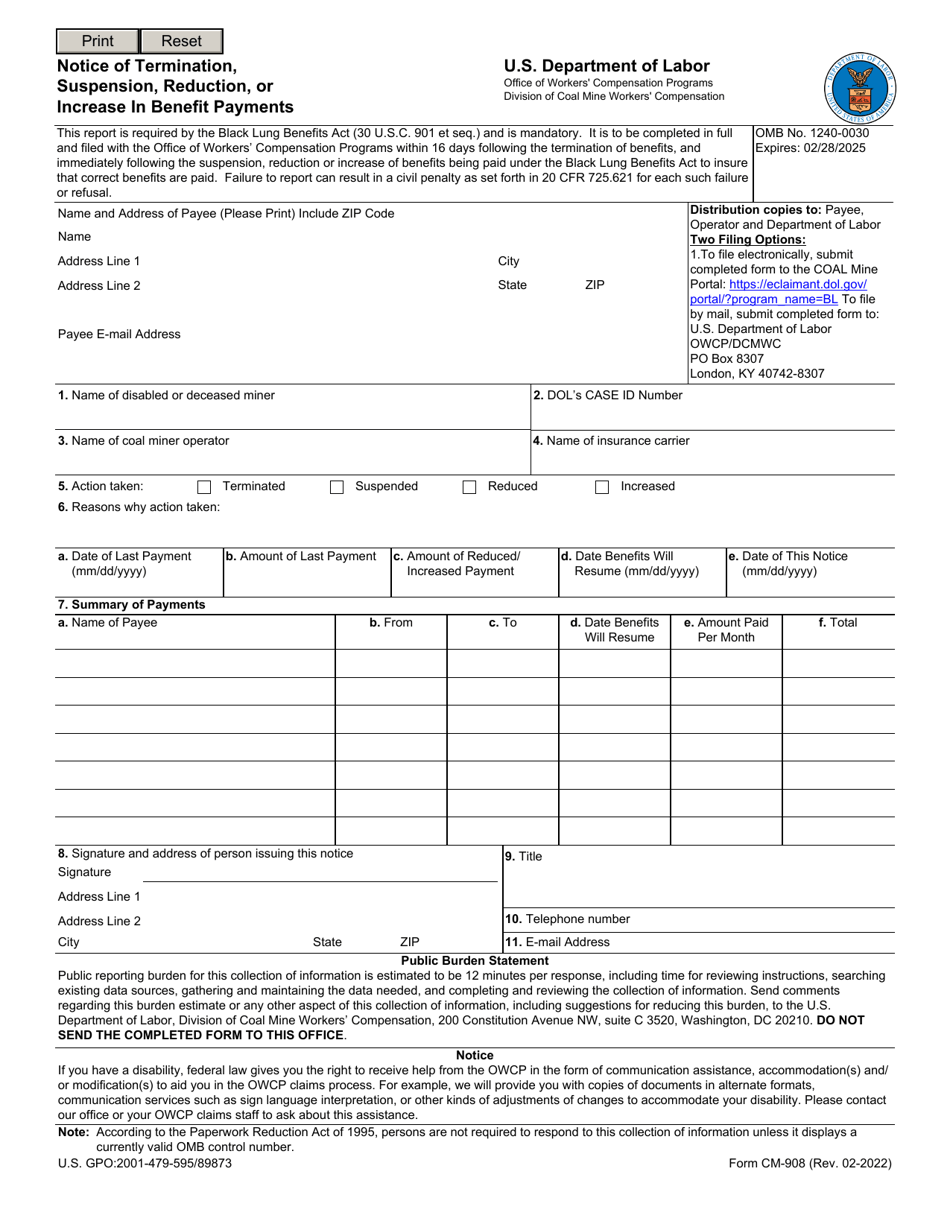 Form CM-908 Notice of Termination, Suspension, Reduction, or Increase in Benefit Payments, Page 1