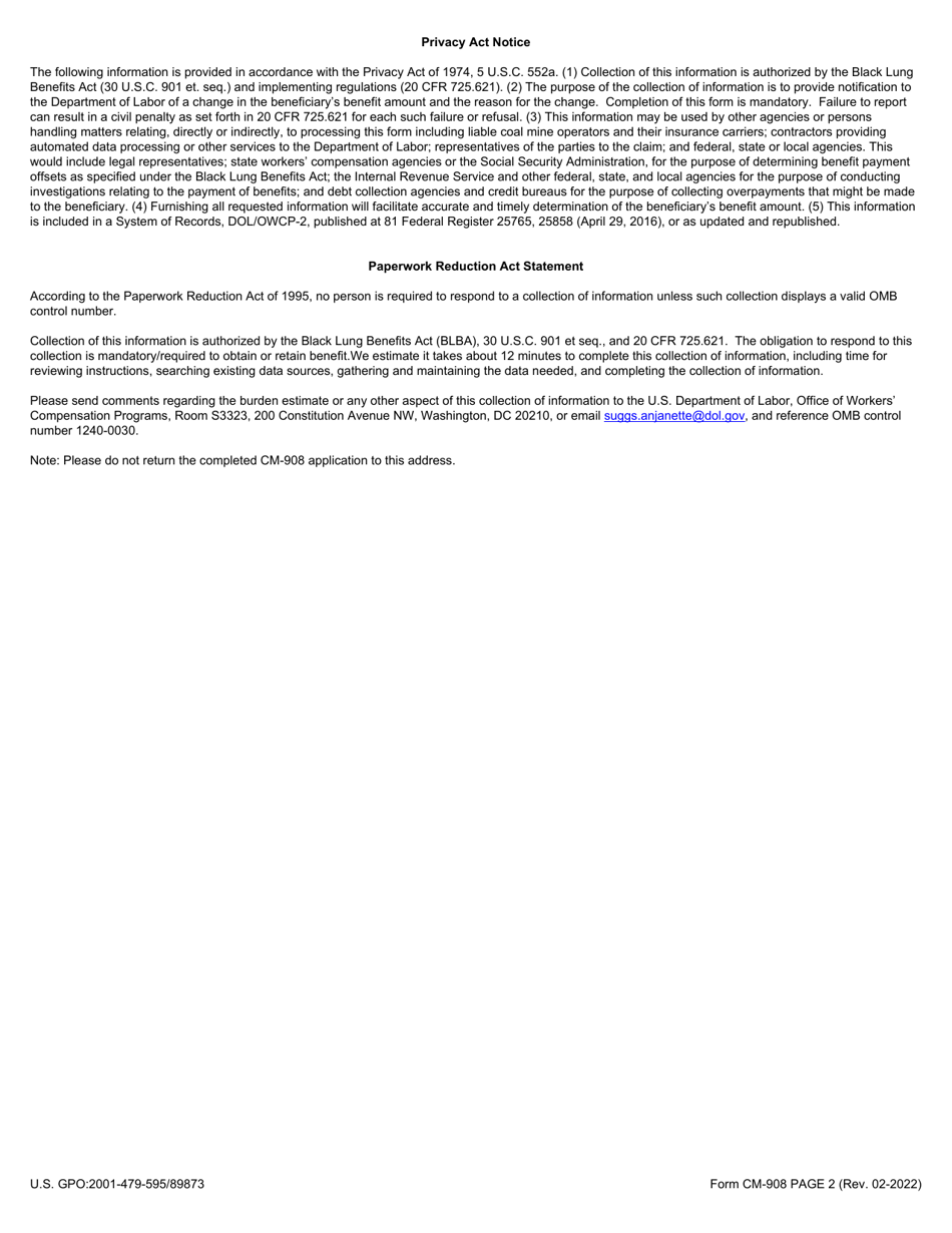 Form CM-908 Notice of Termination, Suspension, Reduction, or Increase in Benefit Payments, Page 2