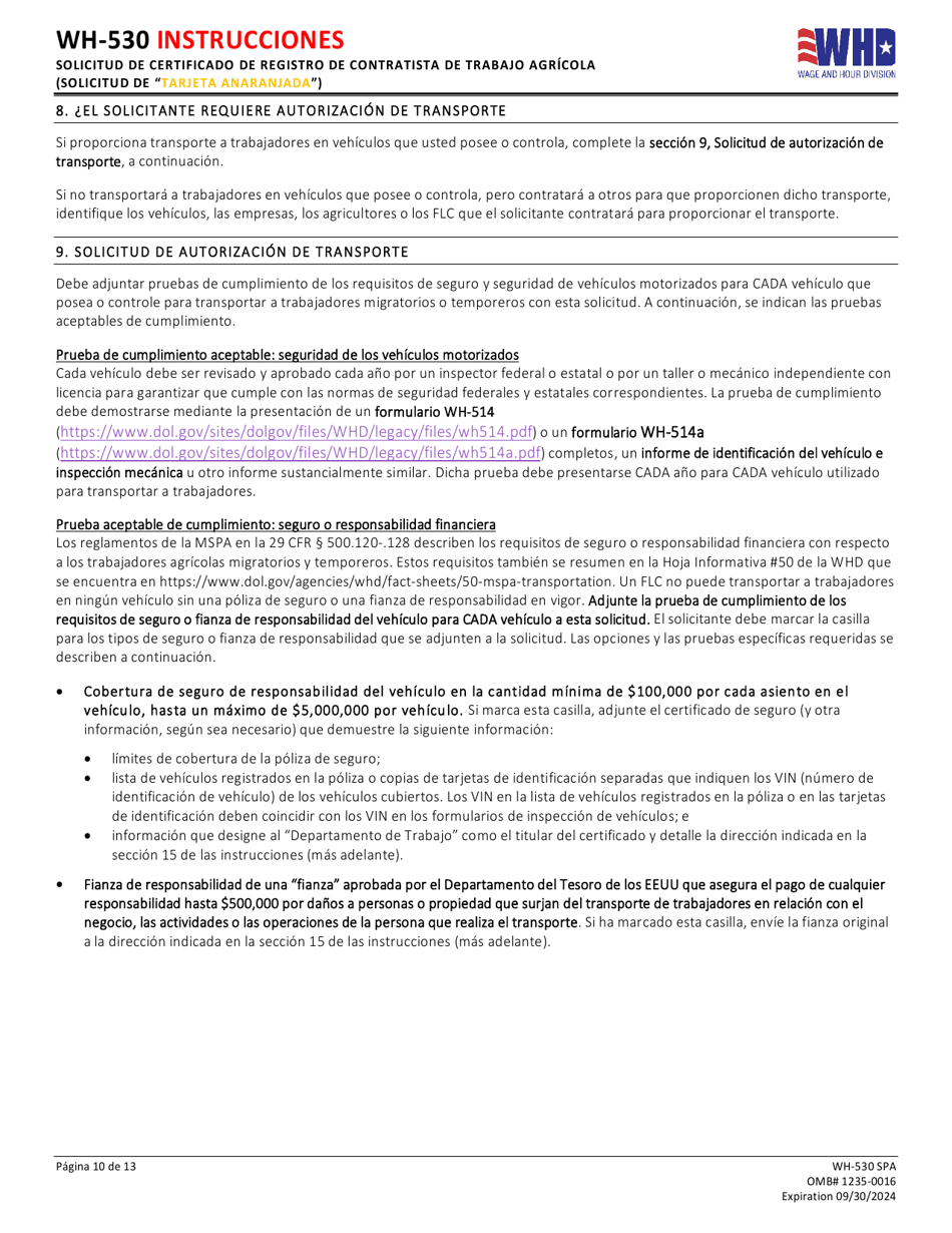 Formulario WH-530 Solicitud De Certificado De Registro De Contratista De Trabajo Agricola (Solicitud De tarjeta Anaranjada) (Spanish), Page 10