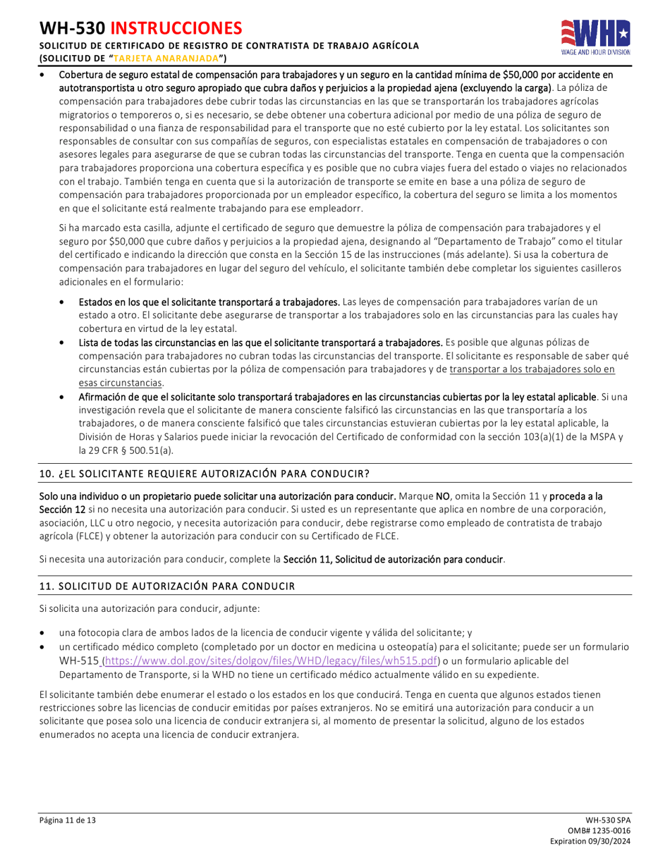Formulario WH-530 Solicitud De Certificado De Registro De Contratista De Trabajo Agricola (Solicitud De tarjeta Anaranjada) (Spanish), Page 11