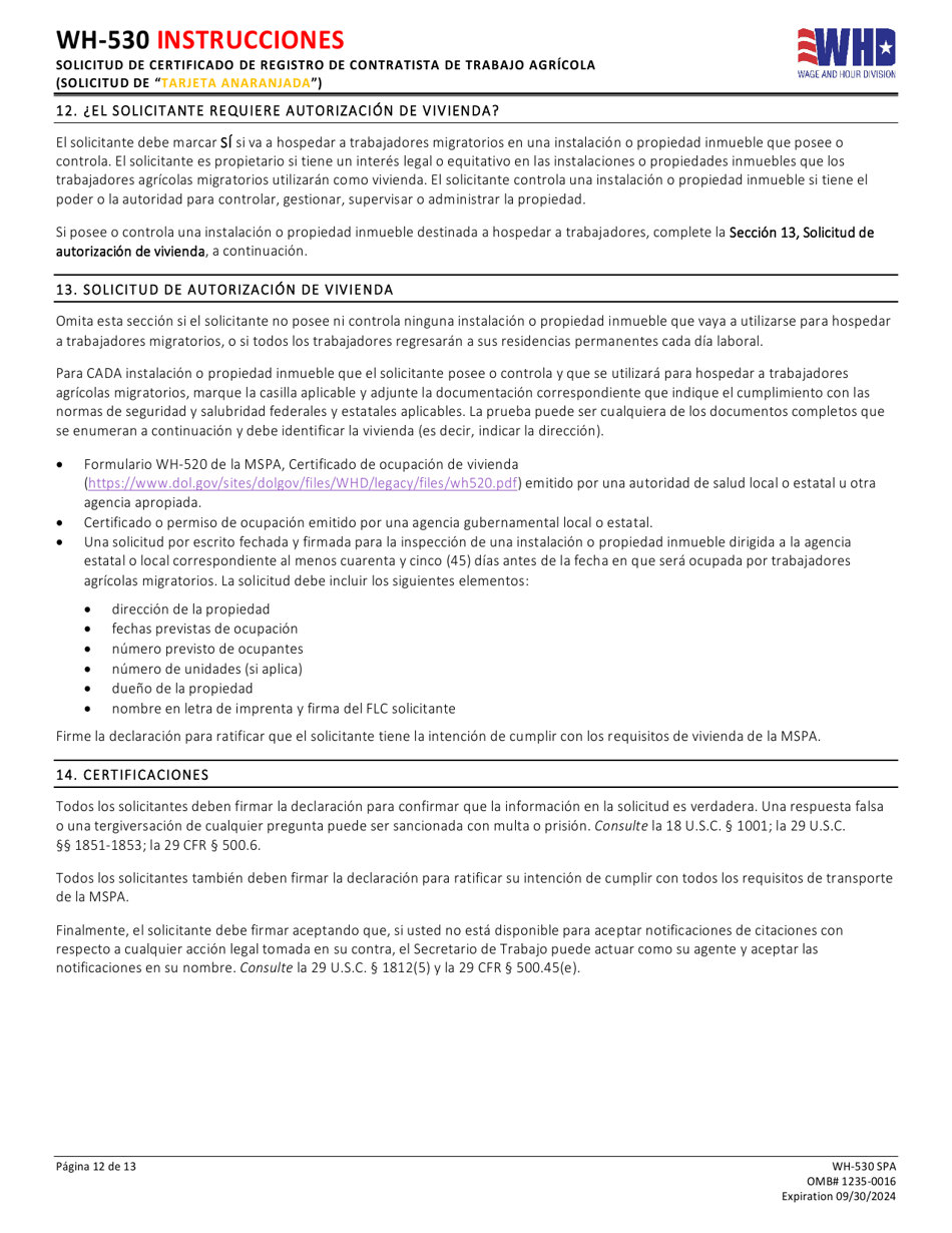 Formulario WH-530 Solicitud De Certificado De Registro De Contratista De Trabajo Agricola (Solicitud De tarjeta Anaranjada) (Spanish), Page 12