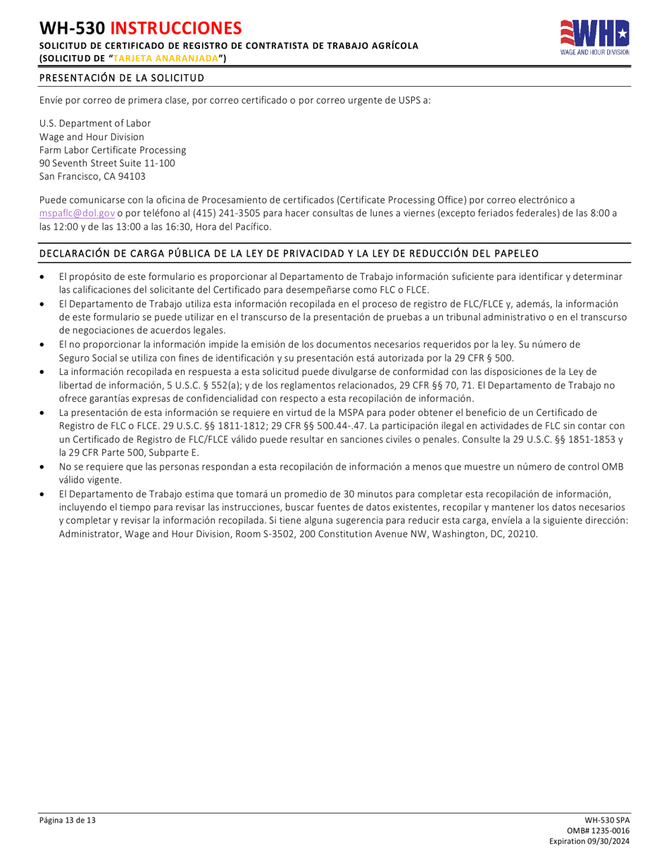 Formulario WH-530 Solicitud De Certificado De Registro De Contratista De Trabajo Agricola (Solicitud De tarjeta Anaranjada) (Spanish), Page 13