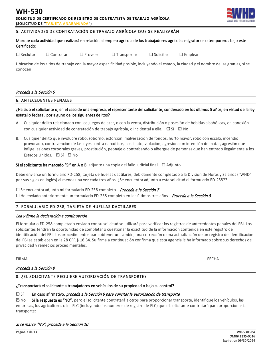 Formulario WH-530 Solicitud De Certificado De Registro De Contratista De Trabajo Agricola (Solicitud De tarjeta Anaranjada) (Spanish), Page 3