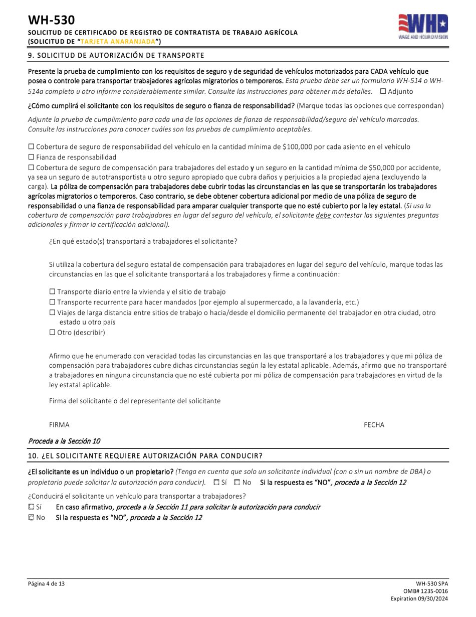 Formulario WH-530 Solicitud De Certificado De Registro De Contratista De Trabajo Agricola (Solicitud De tarjeta Anaranjada) (Spanish), Page 4