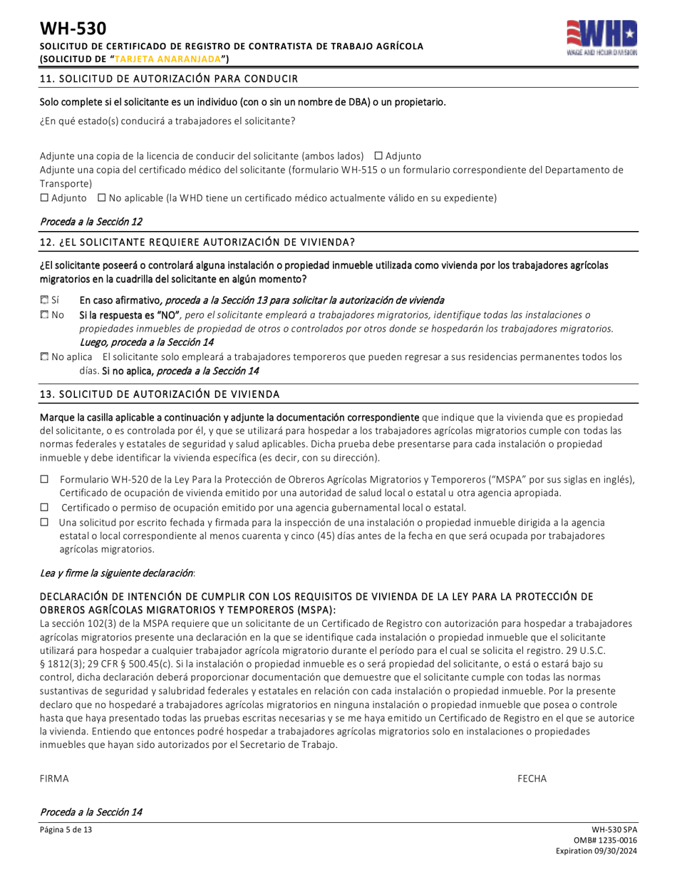 Formulario WH-530 Solicitud De Certificado De Registro De Contratista De Trabajo Agricola (Solicitud De tarjeta Anaranjada) (Spanish), Page 5