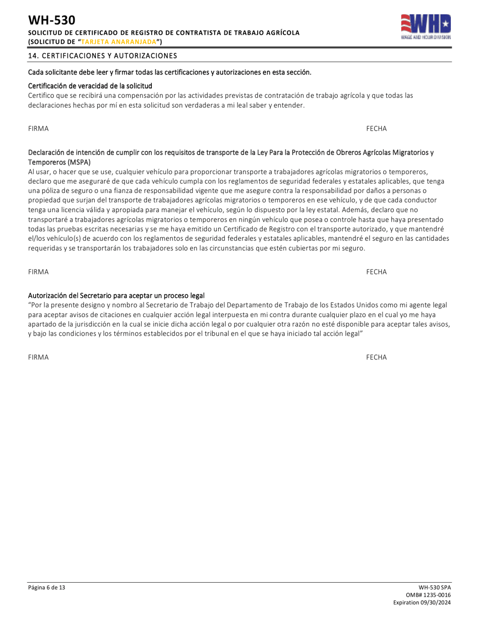 Formulario WH-530 Solicitud De Certificado De Registro De Contratista De Trabajo Agricola (Solicitud De tarjeta Anaranjada) (Spanish), Page 6