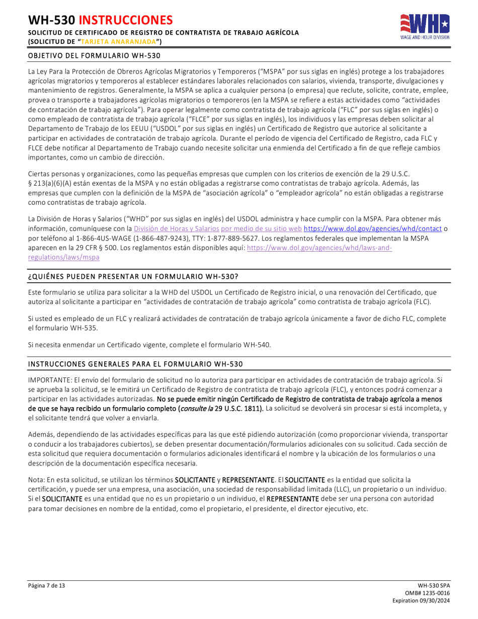 Formulario WH-530 Solicitud De Certificado De Registro De Contratista De Trabajo Agricola (Solicitud De tarjeta Anaranjada) (Spanish), Page 7
