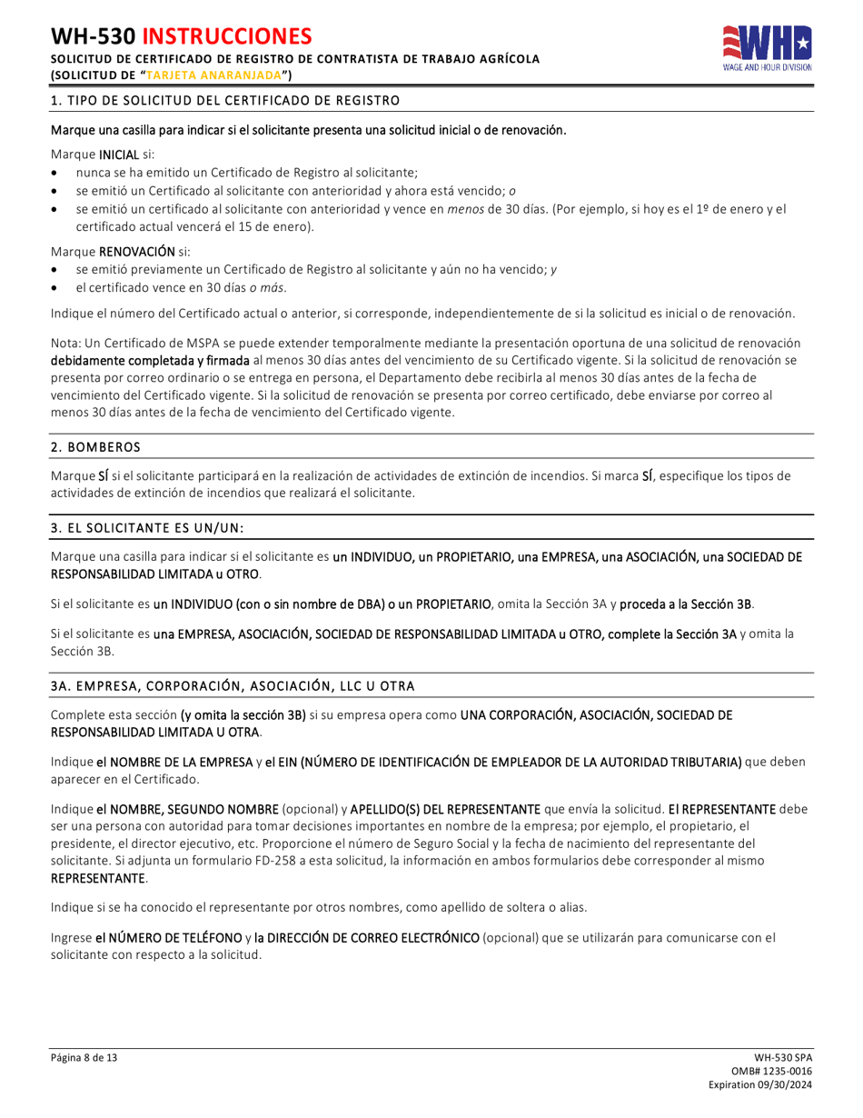 Formulario WH-530 Solicitud De Certificado De Registro De Contratista De Trabajo Agricola (Solicitud De tarjeta Anaranjada) (Spanish), Page 8