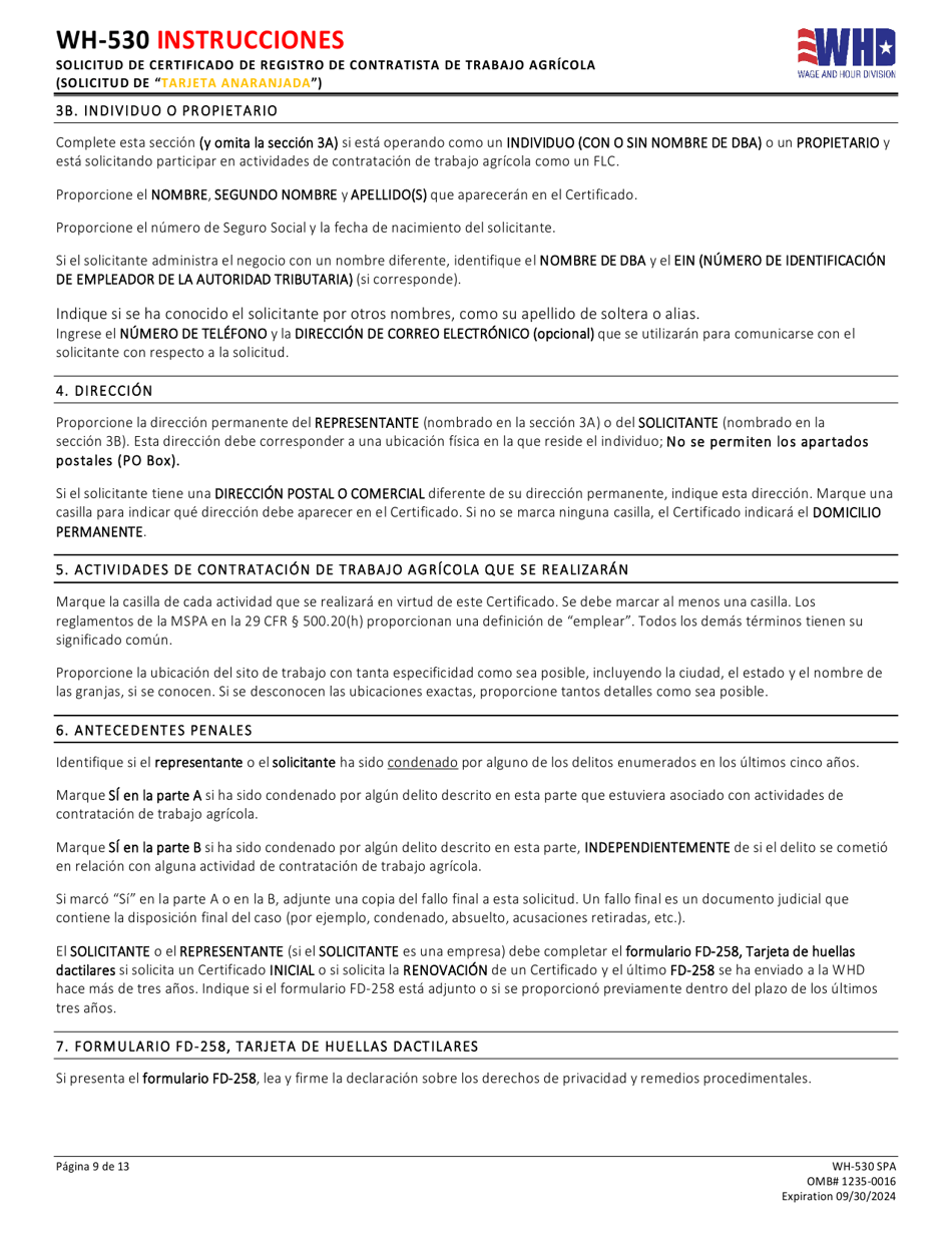 Formulario WH-530 Solicitud De Certificado De Registro De Contratista De Trabajo Agricola (Solicitud De tarjeta Anaranjada) (Spanish), Page 9