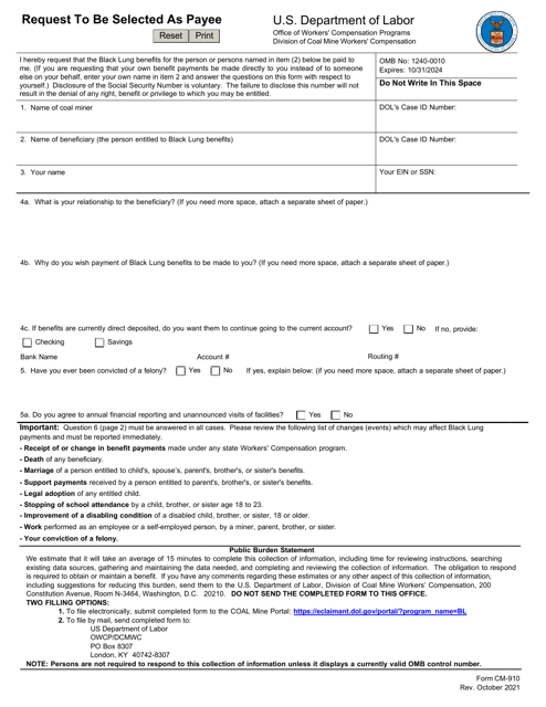 Document preview: Form CM-910 Request to Be Selected as Payee