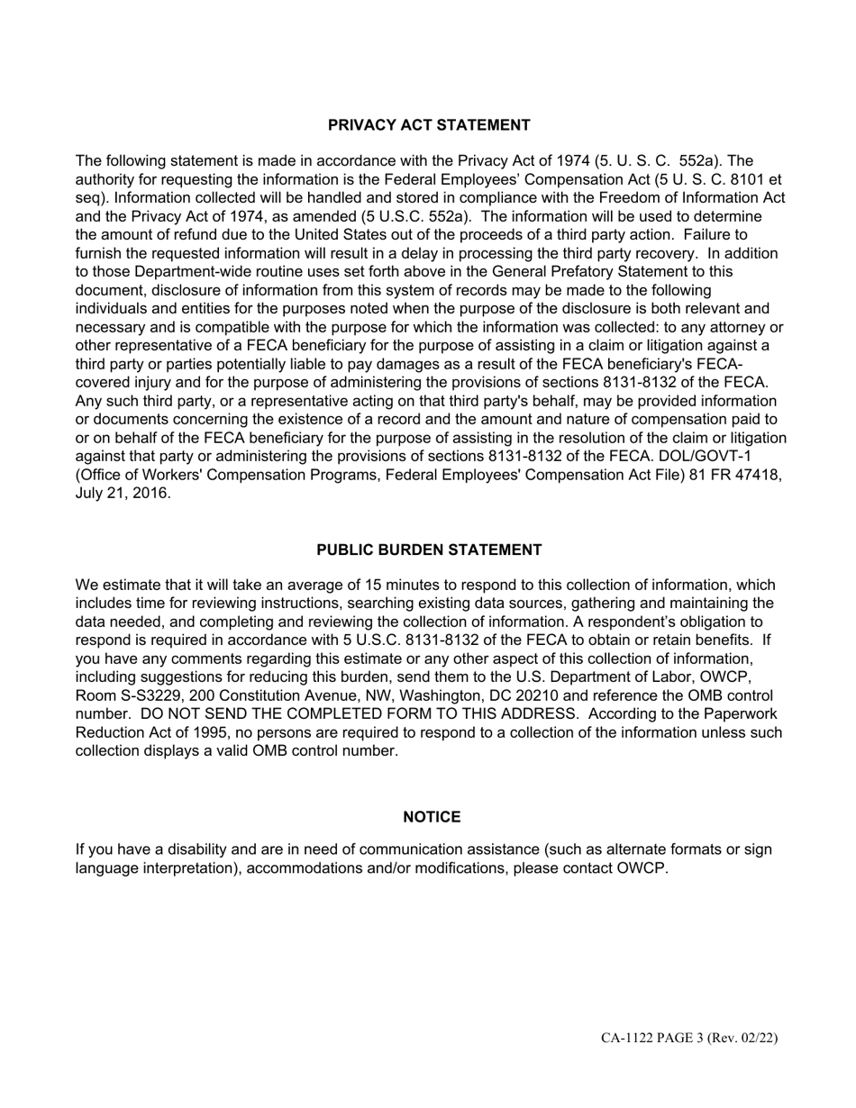 Form CA-1122 Short Form Statement of Recovery, Page 3