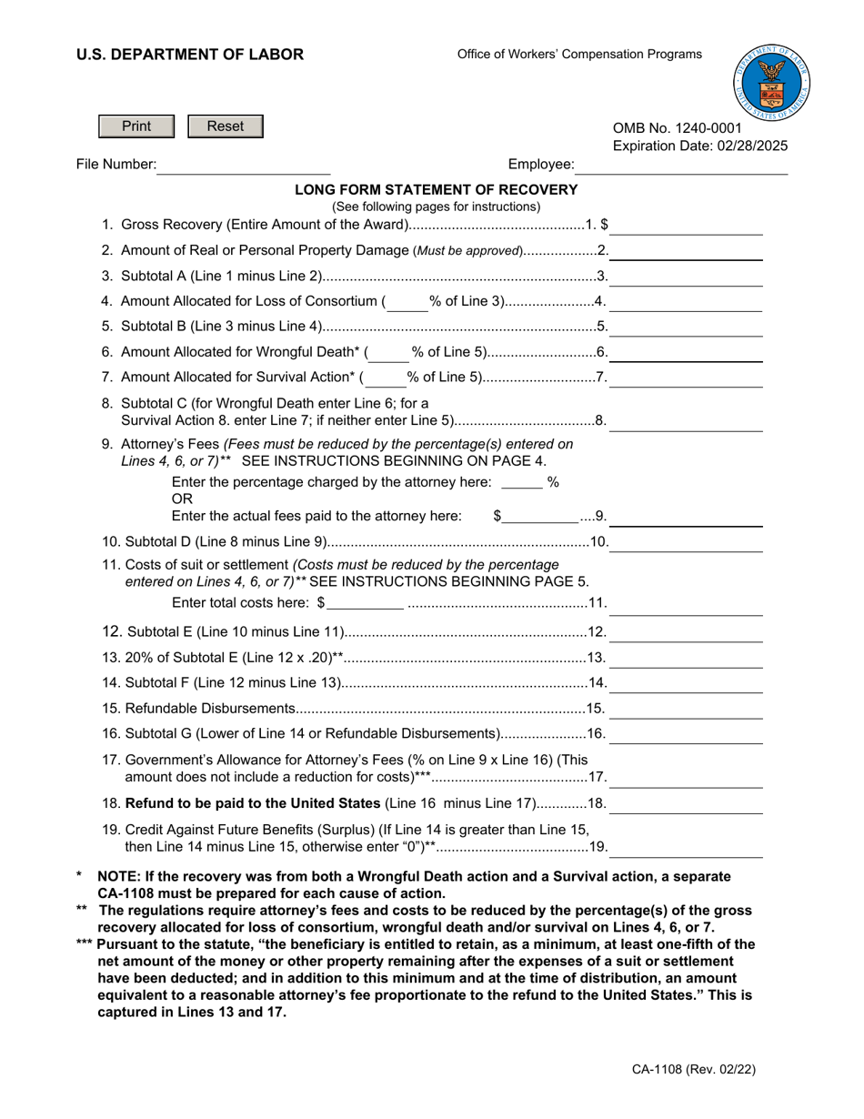 Form CA-1108 Long Form Statement of Recovery, Page 1