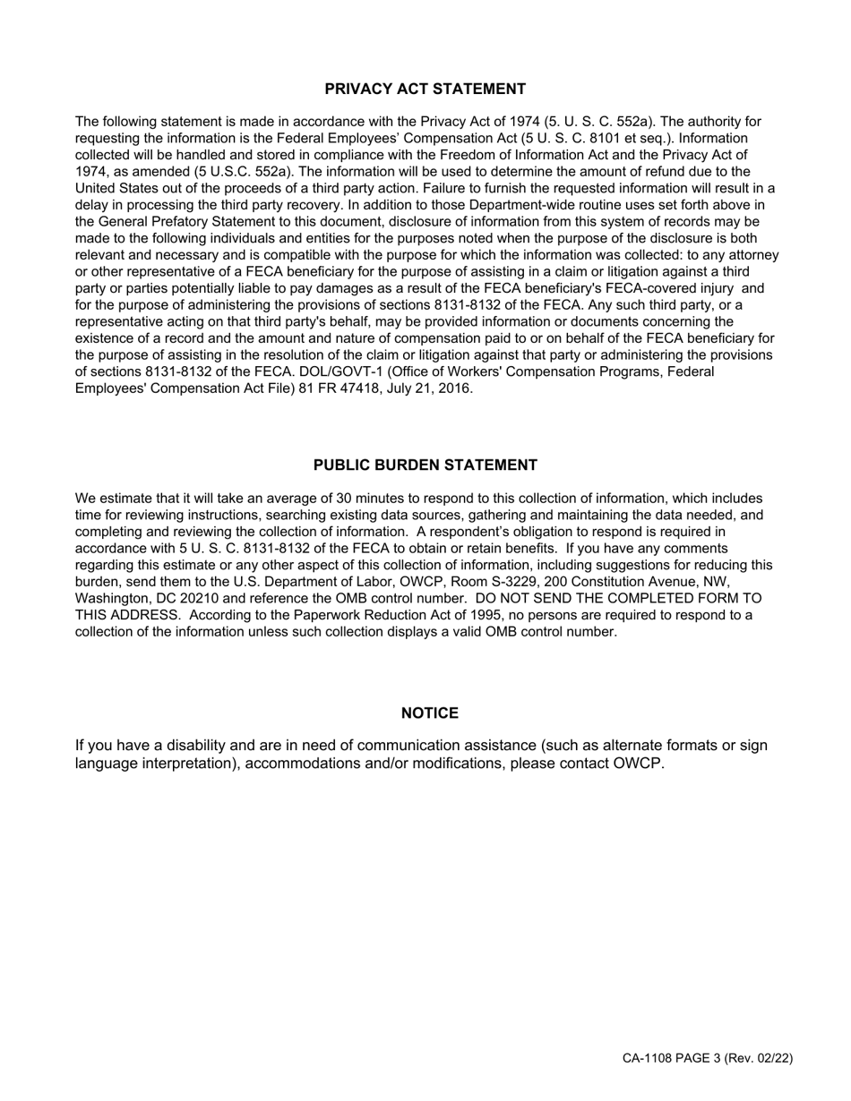 Form CA-1108 Long Form Statement of Recovery, Page 3