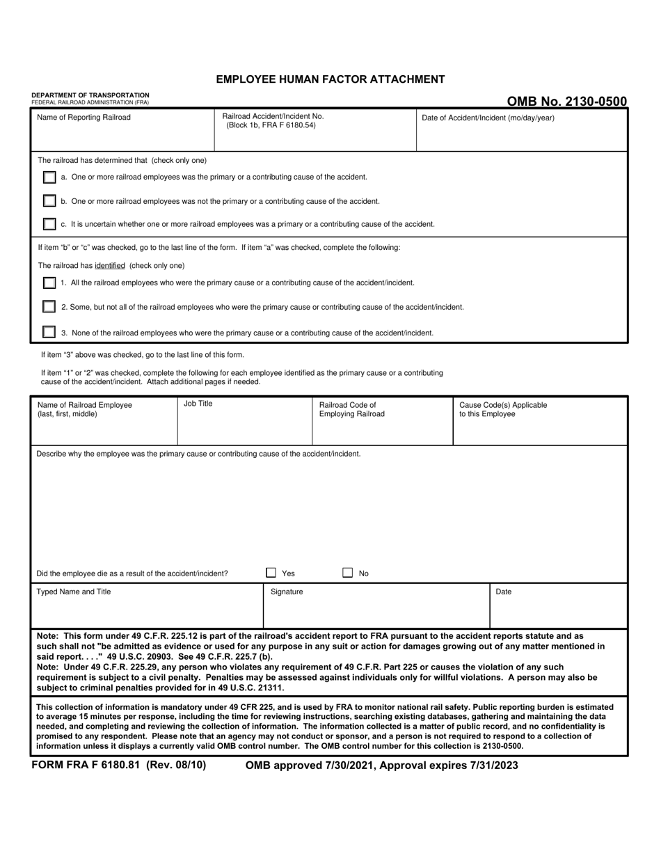 FRA Form 6180.81 Employee Human Factor Attachment, Page 1