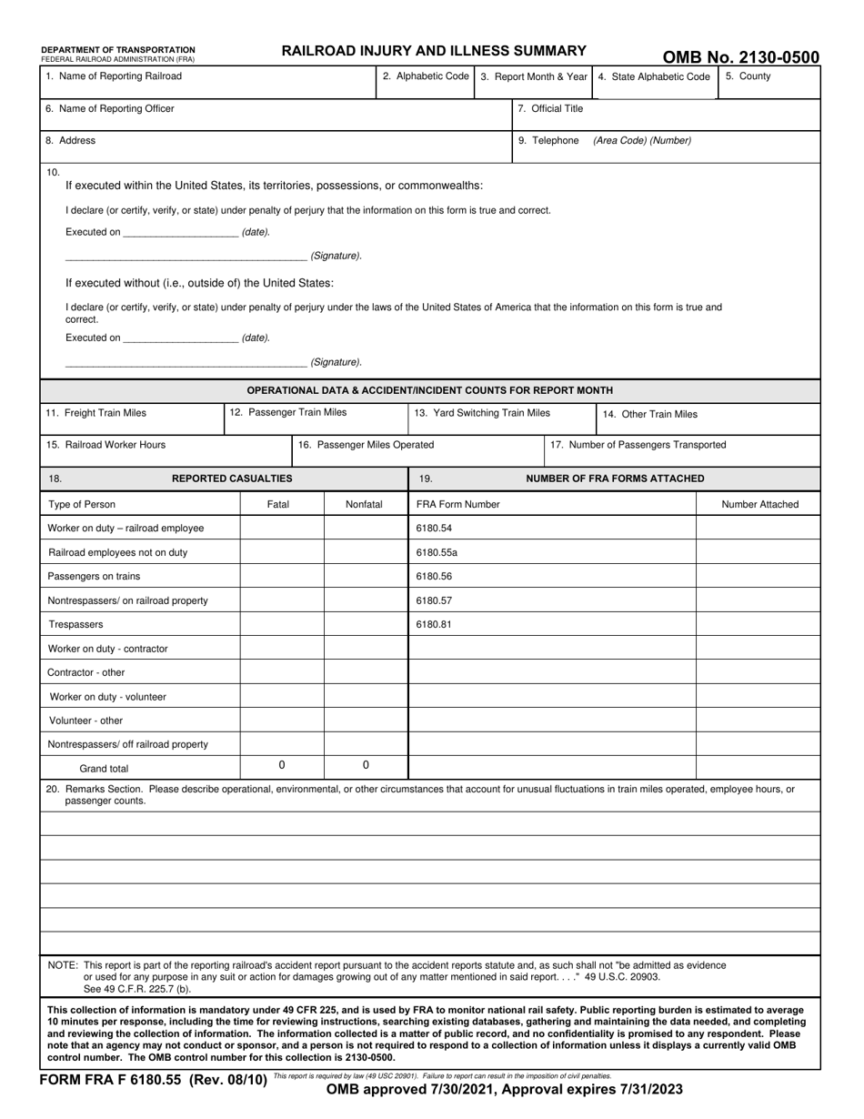 FRA Form 6180.55 Railroad Injury and Illness Summary, Page 1