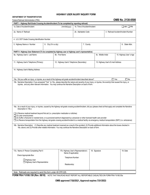 FRA Form 6180.150 Highway User Injury Inquiry Form