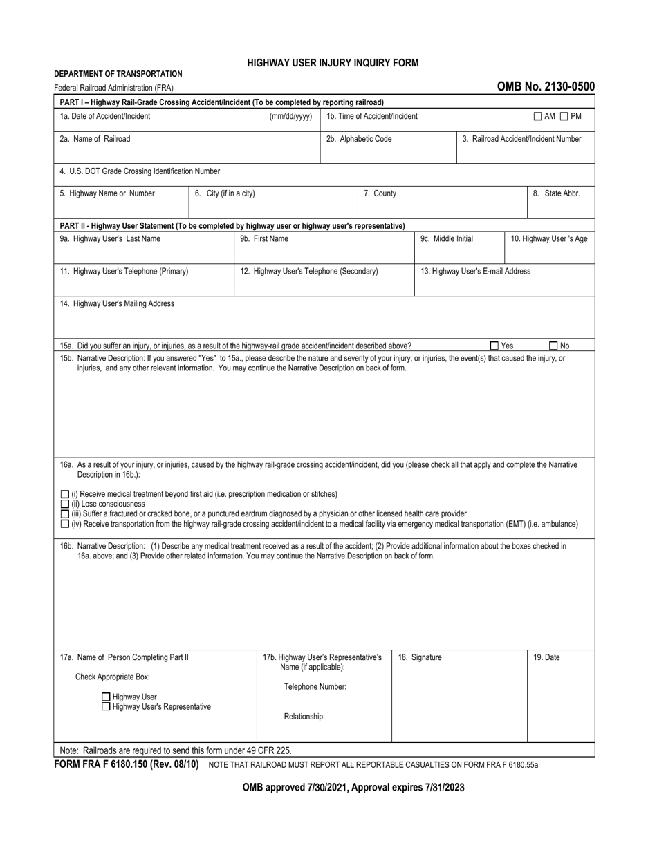 FRA Form 6180.150 Highway User Injury Inquiry Form, Page 1