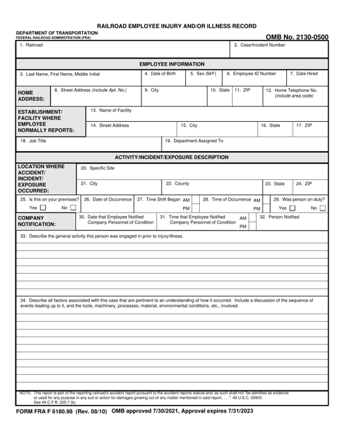 FRA Form 6180.98 Railroad Employee Injury and/or Illness Record