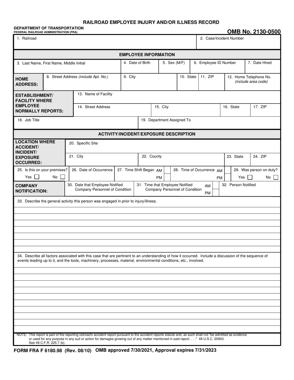 FRA Form 6180.98 Railroad Employee Injury and / or Illness Record, Page 1