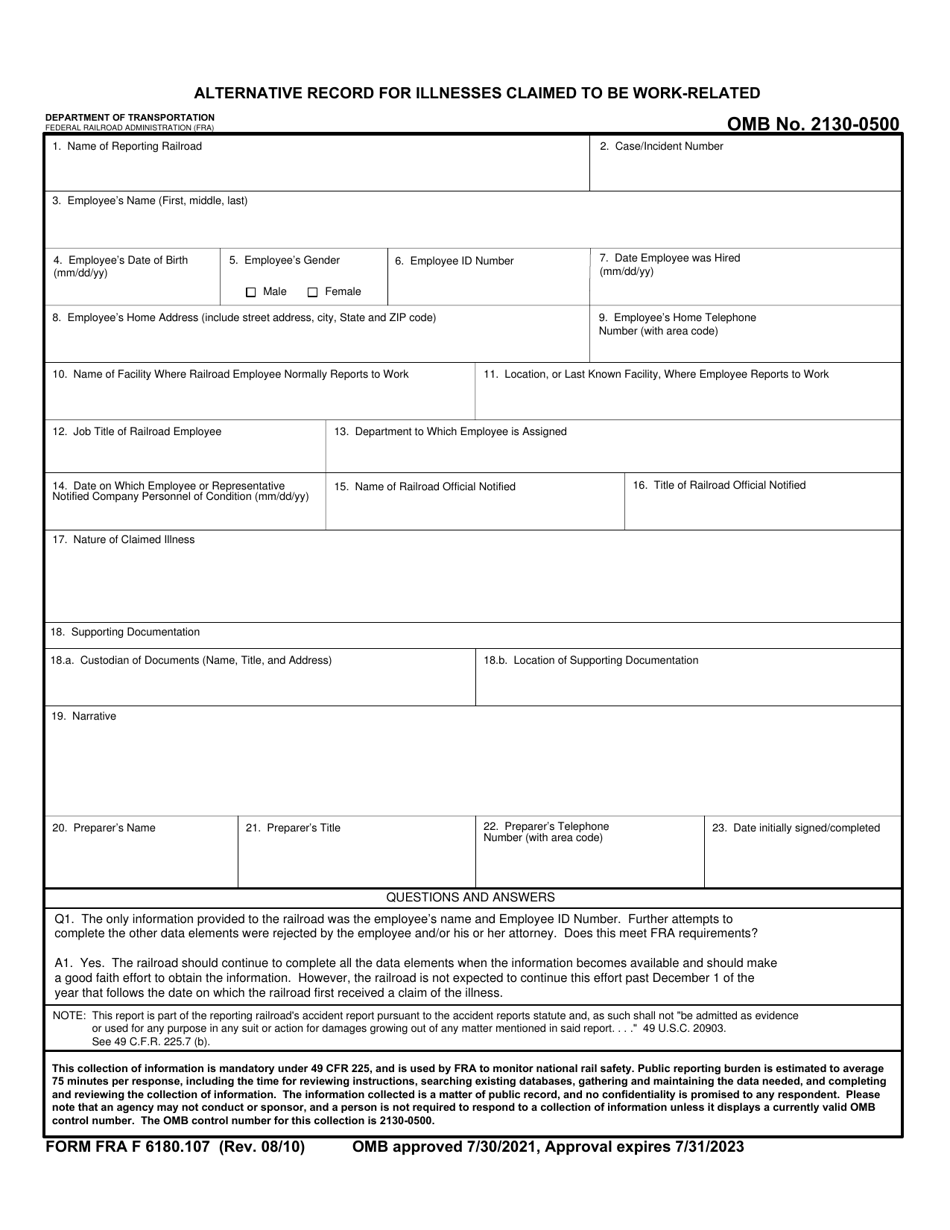 FRA Form 6180.107 Alternative Record for Illnesses Claimed to Be Work-Related, Page 1