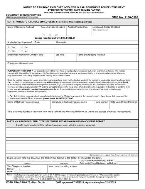 FRA Form 6180.78 Notice to Railroad Employee Involved in Rail Equipment Accident/Incident Attributed to Employee Human Factor