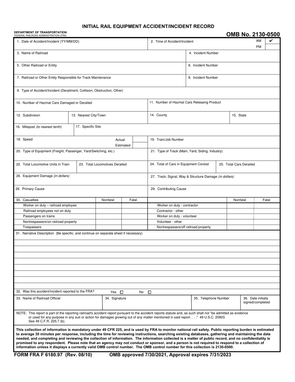 FRA Form 6180.97 Initial Rail Equipment Accident / Incident Record, Page 1