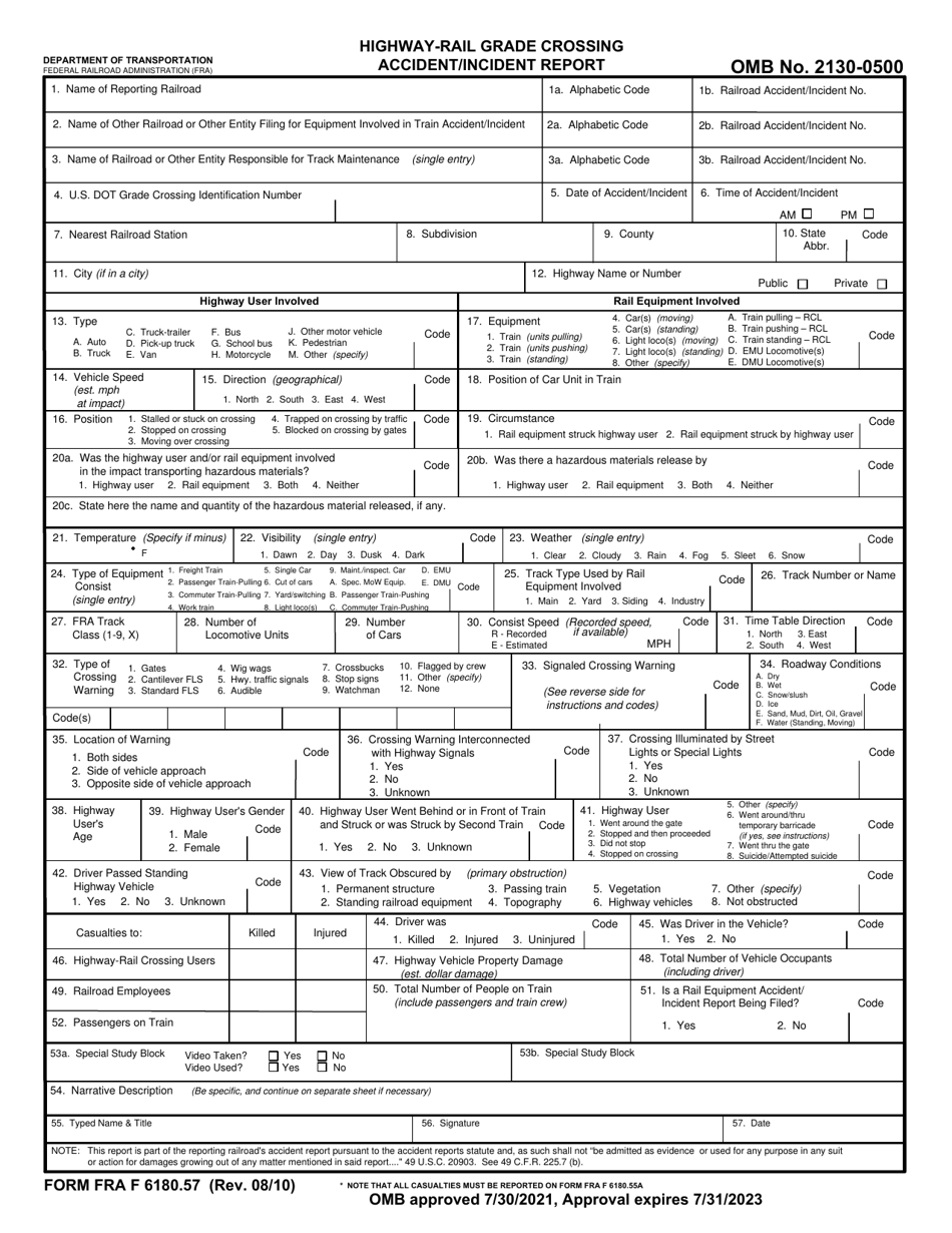 FRA Form 6180.57 Highway-Rail Grade Crossing Accident / Incident Report, Page 1