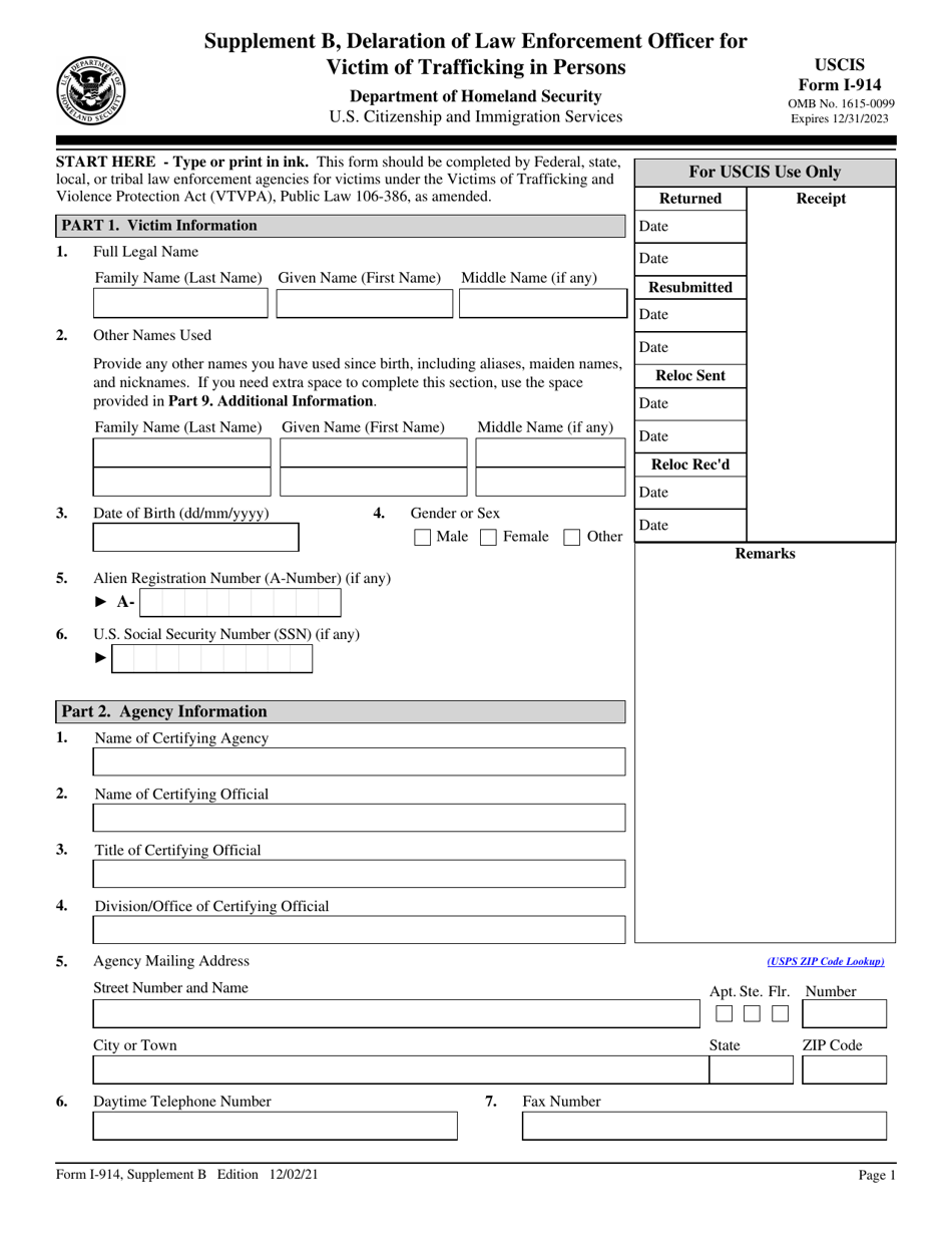 USCIS Form I-914 Supplement B Delaration of Law Enforcement Officer for Victim of Trafficking in Persons, Page 1
