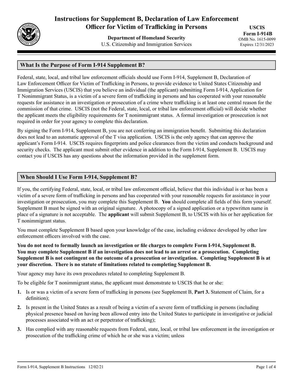 Instructions for USCIS Form I-914B Supplement B Delaration of Law Enforcement Officer for Victim of Trafficking in Persons, Page 1