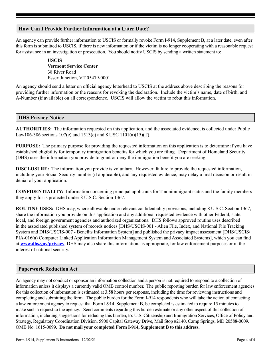 Instructions for USCIS Form I-914B Supplement B Delaration of Law Enforcement Officer for Victim of Trafficking in Persons, Page 4