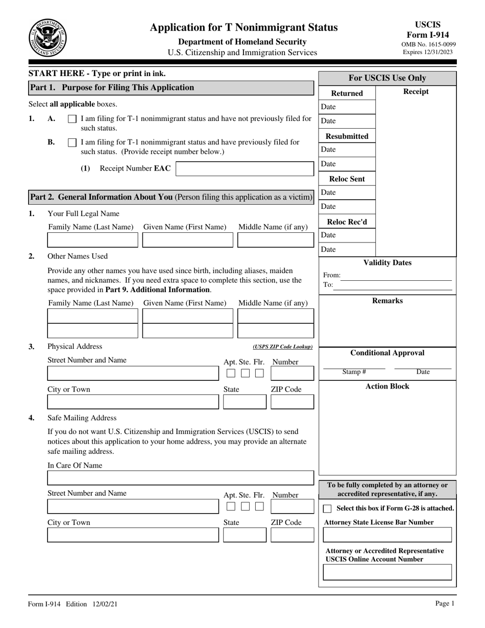 USCIS Form I-914 Application for T Nonimmigrant Status, Page 1