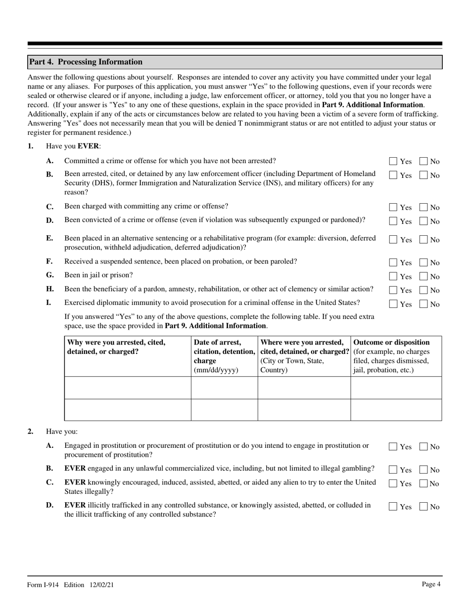 USCIS Form I-914 Application for T Nonimmigrant Status, Page 4