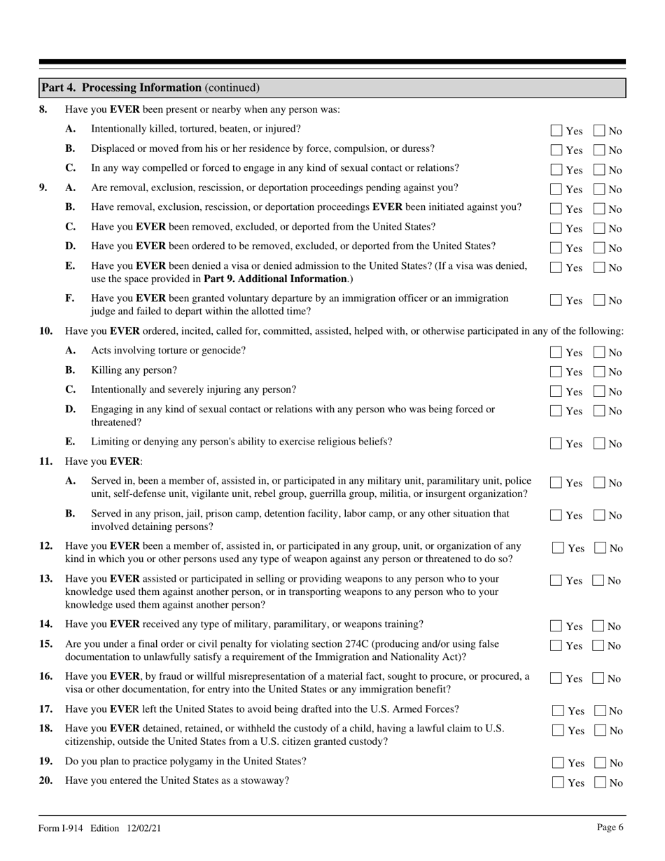 USCIS Form I-914 Application for T Nonimmigrant Status, Page 6