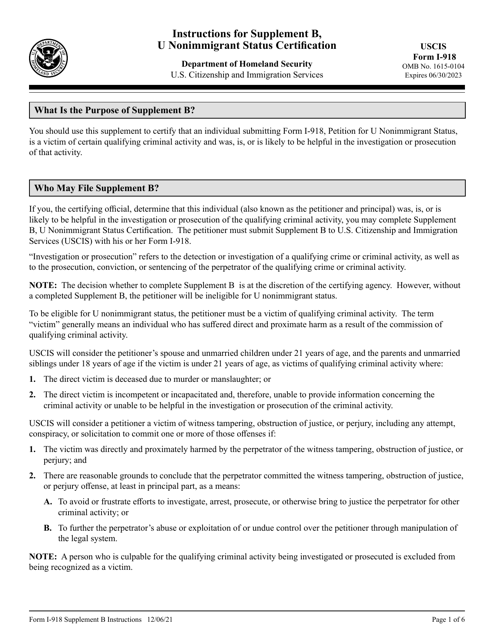 Instructions for USCIS Form I-918 Supplement B U Nonimmigrant Status Certification