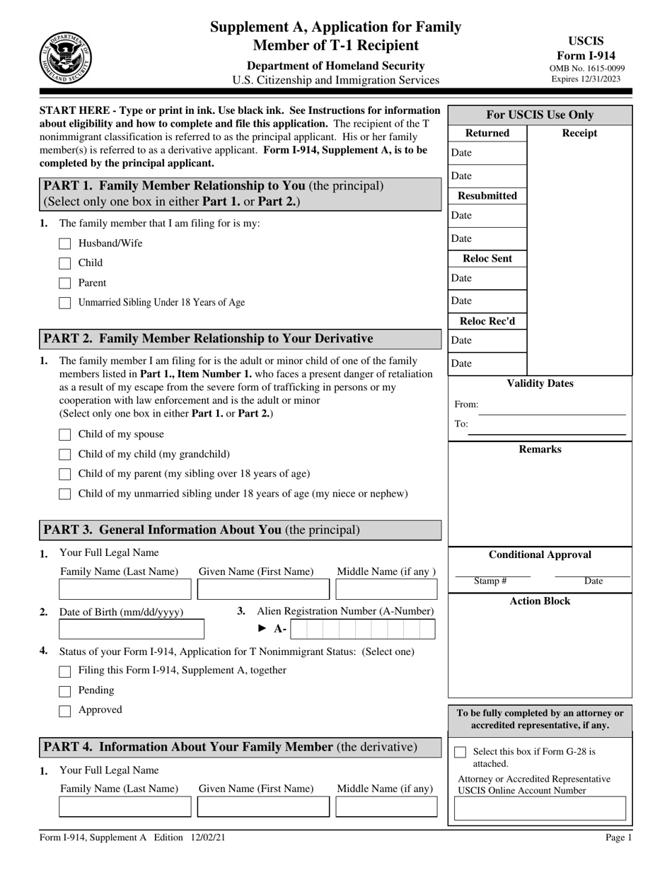 USCIS Form I-914 Supplement A Application for Family Member of T-1 Recipient, Page 1